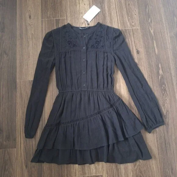 NWT Zara Black Tiered Embroidered Mini Dress Lined 100% Cotton - Picture 9 of 9